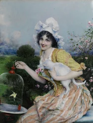 Girl with Cat and Birdcage